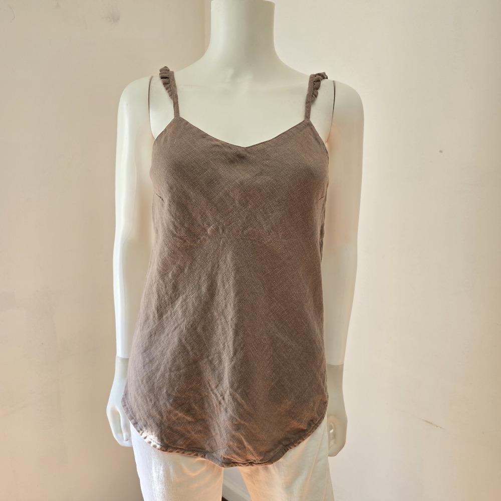 Black Ficus Linen Camisole Tank Top Ruffle Straps Size XS Latte Brown Minimalist